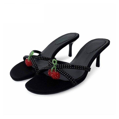 Sexy black narrow strap high heel open slippers