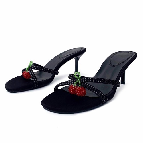 Sexy black narrow strap high heel open slippers