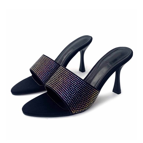 Luxurious colorful rhinestone high heel open slippers