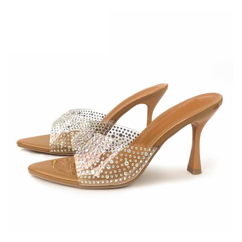 Fashion transparent rhinestone high heel open slippers