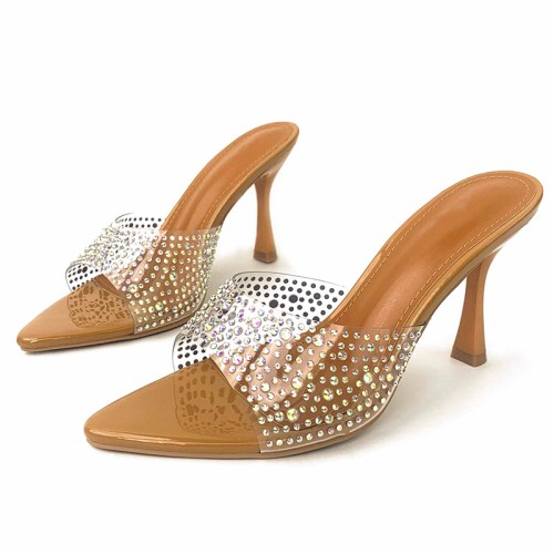 Fashion transparent rhinestone high heel open slippers