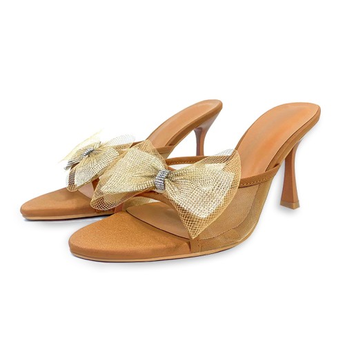 Mesh bow embellished high heel open slippers