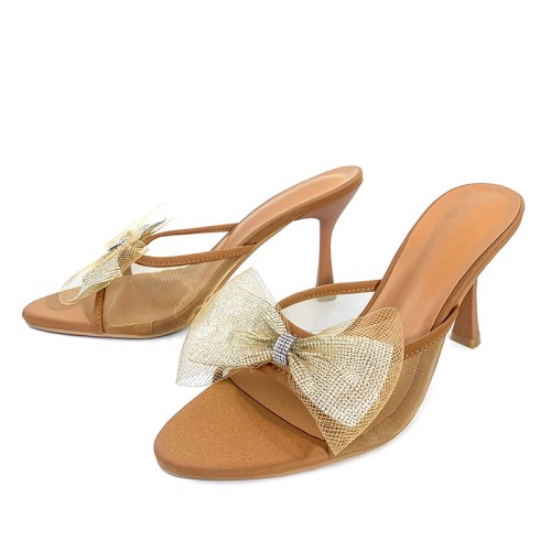Mesh bow embellished high heel open slippers