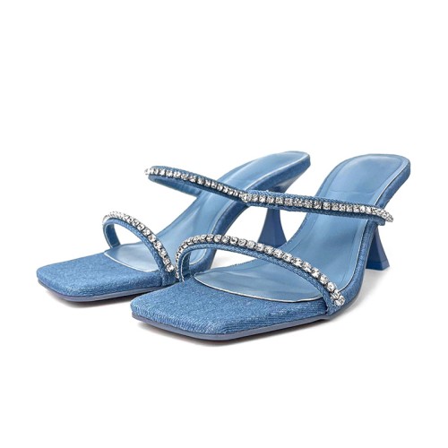 Blue square toe rhinestone high heel open slippers