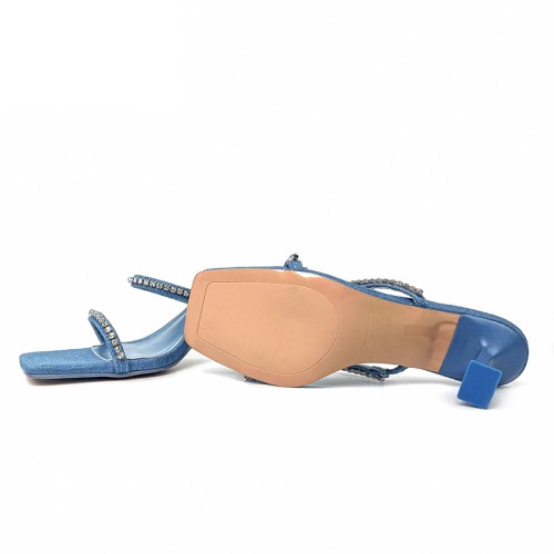 Blue square toe rhinestone high heel open slippers