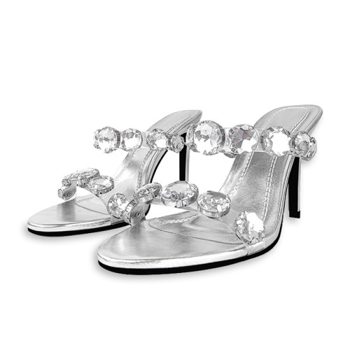 Silver leather rhinestone high heel open slippers