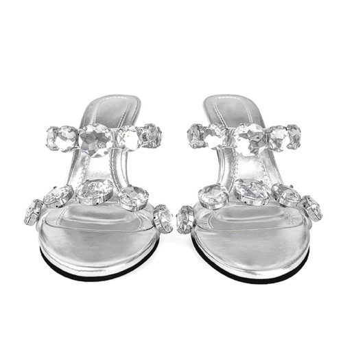 Silver leather rhinestone high heel open slippers
