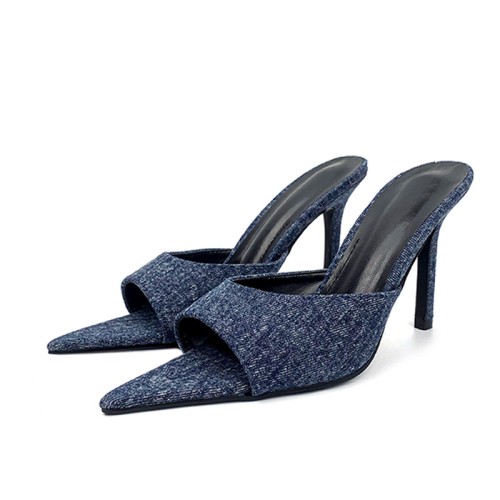 Pointed-toe denim high-heeled open slides