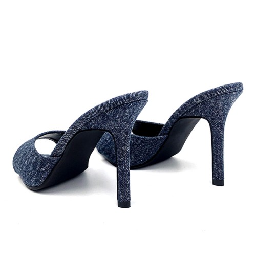 Pointed-toe denim high-heeled open slides