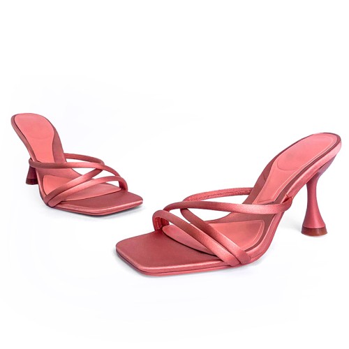 Simple square toe non-slip high heel open slippers