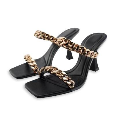 Black metal chain design high heel open slippers