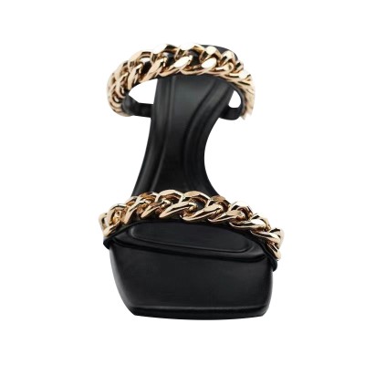 Black metal chain design high heel open slippers