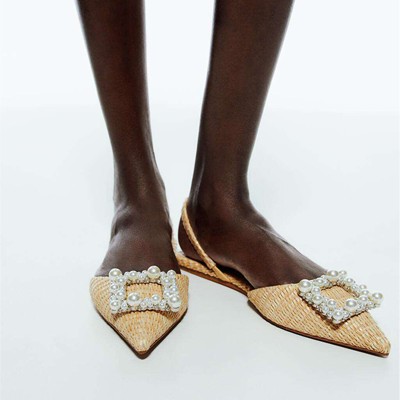 Apricot pointed toe rhinestone women's flat sandals