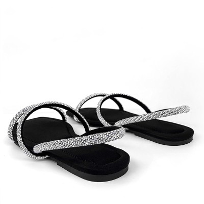 Black flat toe rhinestone ladies flat sandals