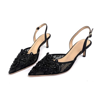 Black pointed lace women's mid-heel sandals
