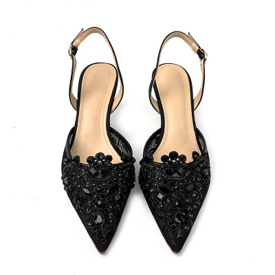 Black pointed lace women's mid-heel sandals