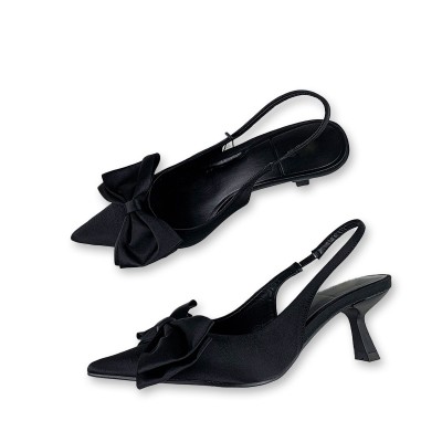 Black bow-decorated women's mid-heeled sandals