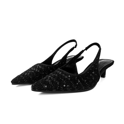 Black pointed sequined women's mid-heel sandals