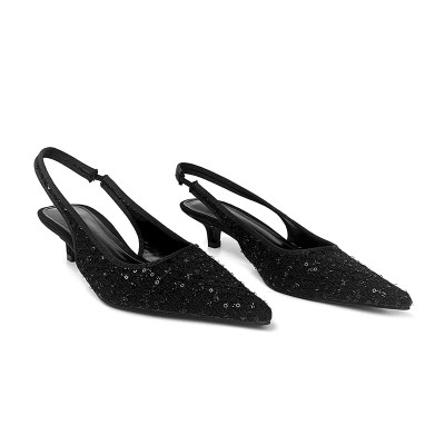 Black pointed sequined women's mid-heel sandals